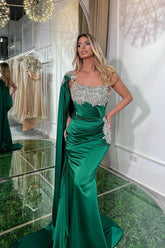 Green Prom Dress Mermaid Strapless One Shoulder Beaded Cap Sleeve Satin Formal Dress With Appliques